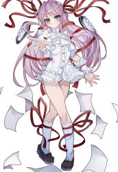1girl absurdres al_azif_(demonbane) aqua_eyes crossed_legs demonbane dress flat_chest full_body hair_ribbon highres long_hair looking_at_viewer nanayazero pages panties pantyshot purple_hair reaching reaching_towards_viewer red_ribbon ribbon socks solo underwear very_long_hair white_dress white_panties white_socks