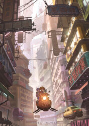 2girls :d absurdres ahoge aircraft bilingual_commentary blue_eyes building bus car city closed_mouth commentary double_bun english_commentary hair_bun hanagamigendai highres jacket long_hair long_sleeves mixed-language_commentary motor_vehicle multiple_girls open_mouth orange_hair original purple_hair red_eyes red_jacket robot science_fiction short_hair smile