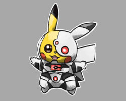 :3 animal_focus arms_up blacknirrow blush_stickers bodysuit brown_eyes clothed_pokemon cosplay cyborg cyborg_(dc) cyborg_(dc)_(cosplay) dc_comics full_body gen_1_pokemon grey_background grey_bodysuit grey_theme happy heterochromia justice_league nintendo no_humans open_mouth outline pikachu pokemon pokemon_(creature) red_eyes simple_background smile solo standing white_outline