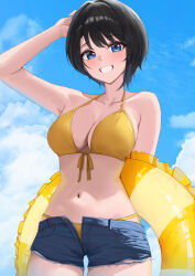 Rule 34 | 1girl, alternate costume, arm up, bare arms, bikini, black hair, blue eyes, blue shorts, blue sky, breasts, cleavage, cloud, commentary request, cumulonimbus cloud, day, denim, denim shorts, front-tie bikini top, front-tie top, grin, halterneck, haro art, highres, holding, holding swim ring, hololive, innertube, large breasts, looking at viewer, navel, oozora subaru, open fly, outdoors, short hair, short shorts, shorts, sky, smile, solo, stomach, swept bangs, swim ring, swimsuit, torn clothes, torn shorts, virtual youtuber, yellow bikini