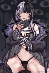 Rule 34 | 1girl, absurdres, adapted costume, black coat, black dress, black hair, black nails, black panties, book, breasts, cleavage, coat, dress, fur-trimmed coat, fur trim, grey hair, grin, highres, holding, holding book, hololive, hololive english, large breasts, long hair, looking at viewer, multicolored hair, navel, open clothes, open dress, panties, ribbon, seraphim throne, shiori novella, shiori novella (1st costume), smile, solo, split-color hair, two-tone hair, underwear, virtual youtuber, white ribbon, yellow eyes