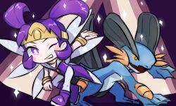 1boy bent_over blush_stickers boots bracelet bright_pupils chibi circlet commentary_request game_freak gen_3_pokemon gold_circlet grin haruki_sparsa jewelry looking_at_viewer lowres male_focus nintendo one_eye_closed outstretched_arm pants pokemon pokemon_(creature) pokemon_emerald pokemon_rse purple_eyes purple_footwear purple_hair smile sparkle swampert teeth tucker_(pokemon) white_pupils