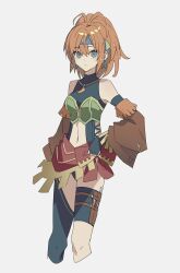 1girl antenna_hair blue_eyes blue_headband breasts commentary_request detached_sleeves earrings george_man hand_on_own_hip headband highres jewelry karna_(ys) large_breasts looking_at_viewer navel orange_hair simple_background solo standing white_background wide_sleeves ys ys_memories_of_celceta