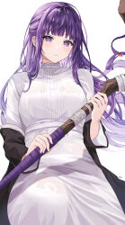 1girl absurdres artist_logo black_coat blunt_ends breasts bright_pupils closed_mouth coat coat_partially_removed collared_dress dress eyelashes feet_out_of_frame fern_(sousou_no_frieren) floating_hair hair_over_shoulder half_updo highres holding holding_staff large_breasts light_blush logo long_hair long_sidelocks long_sleeves looking_at_viewer mage_staff open_clothes open_coat purple_eyes purple_hair rojineco_nene sidelocks simple_background solo sousou_no_frieren staff straight-on sweatdrop very_long_hair water_drop wet wet_clothes wet_dress white_background white_dress white_pupils wide_sleeves wispy_bangs