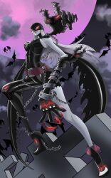 1girl absurdres bare_shoulders black_bodysuit bodysuit breasts chain colored_skin digimon digimon_(creature) full_body full_moon grey_hair grey_skin highres ladydevimon large_breasts laser_(akirawai) long_hair moon night solo torn_bodysuit torn_clothes