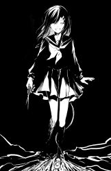 1girl aaniko black_background closed_eyes commentary_request dark facing_viewer full_body greyscale highres holding holding_scissors kagerou_project kneehighs loafers long_hair long_sleeves monochrome neckerchief no_scarf open_mouth pleated_skirt sailor_collar school_uniform scissors serafuku shirt shoes simple_background skirt socks solo tateyama_ayano walking