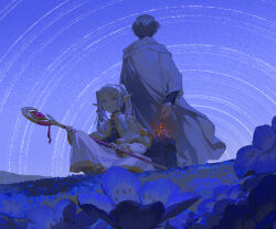 1boy 1girl absurdres antiquewhite back black_shirt blue_eyes blue_flower blue_hair blue_theme boots brown_boots buttons cape closed_mouth coat commentary_request dress earrings elf fingernails flower frieren gem gradient_sky grave grey_hair hand_up highres himmel_(sousou_no_frieren) holding hood hooded_coat jewelry long_hair long_sleeves looking_at_another mage_staff night night_sky outdoors pink_gemstone pointy_ears purple_sky shirt short_hair sidelocks sitting sky sousou_no_frieren standing star_trail striped_clothes striped_dress twintails white_cape white_coat white_dress wide_sleeves