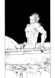 comic dio_brando greyscale hair_over_eyes jojo_no_kimyou_na_bouken looking_up merumeru626 monochrome muscular scar scar_on_neck screentones silent_comic stardust_crusaders stitched_neck stitches topless_male