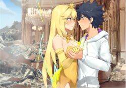 1boy 1girl arm_around_waist black_eyes black_hair blonde_hair blush breasts broken_glass broken_wall chandelier cleavage commentary crown dress elbow_gloves english_commentary eye_contact glass gloves glowing_arm holding_hands hood hoodie kamijou_touma long_hair looking_at_another medium_breasts mini_crown official_alternate_costume ruins shokuhou_misaki short_hair smile sparkling_eyes spiked_hair strapless strapless_dress thethorgrim tight_clothes tight_dress toaru_majutsu_no_index toaru_majutsu_no_index:_new_testament white_hoodie yellow_dress yellow_eyes yellow_gloves
