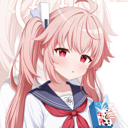 1girl absurdres ahoge blue_archive blue_sailor_collar collarbone halo highres holding holding_milk_carton huanyi_huanhuanzi long_hair looking_at_viewer milk_carton natsu_(blue_archive) neckerchief parted_lips pink_hair pink_halo pixiv_username red_eyes red_neckerchief sailor_collar school_uniform shirt side_ponytail solo upper_body white_background white_shirt