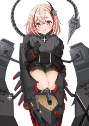 1girl aged_down amamiya_akira azur_lane black_jacket black_skirt blonde_hair blush boots brown_eyes buttons collared_shirt commentary_request cropped_jacket cross dress_shirt flower flower_on_head grey_shirt hair_between_eyes headgear horns iron_cross jacket long_sleeves looking_at_viewer mechanical_hands mechanical_horns mechanical_tail miniskirt multicolored_hair off_shoulder open_clothes open_jacket open_mouth pleated_skirt red_hair rigging roon_(azur_lane) ship_turret shirt short_hair simple_background sitting skirt smile solo streaked_hair tail two-tone_hair white_background