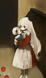 2girls animal_ears apple apron baby carrying carrying_baby carrying_person commentary dress food fruit highres indoors long_hair long_sleeves multiple_girls original rabbit_ears rabbit_girl red_dress shirokujira standing very_long_hair white_apron