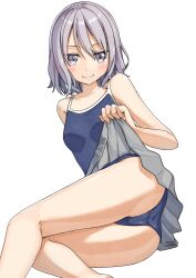 1girl absurdres bare_shoulders blue_one-piece_swimsuit breasts clothes_lift commentary_request dot_nose grey_eyes grey_hair grey_skirt highres lifting_own_clothes looking_at_viewer negimiso1989 one-piece_swimsuit original pleated_skirt school_swimsuit simple_background skirt skirt_lift small_breasts solo swimsuit swimsuit_under_clothes white_background