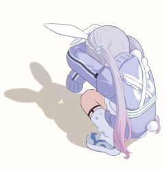 1girl animal_ears apron cat_shadow_puppet_(meme) fake_animal_ears fake_tail from_behind full_body gradient_hair hetj5235 highres jacket meme multicolored_hair purple_hair rabbit_ears rabbit_tail shadow_puppet shoes socks solo squatting tail tosaki_mimi tosaki_mimi_(4th_costume) track_jacket twintails virtual_youtuber vspo! waist_apron white_background white_socks