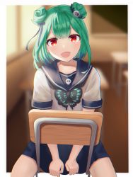 1girl blue_hair blurry border bug butterfly chair chalkboard chromatic_aberration classroom depth_of_field desk double_bun green_hair hair_bun hair_ornament highres hololive indoors insect multicolored_hair nikahoshikuzu on_chair open_mouth outside_border red_eyes school_chair school_desk school_uniform serafuku sitting sitting_backwards skull_hair_ornament smile solo streaked_hair two-tone_hair uruha_rushia virtual_youtuber white_border