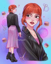 1girl artist_name black_boots black_jacket boots brown_eyes burger cigarette dress food highres holding holding_cigarette jacket jewelry luztapiaart margot_(the_menu_(2022_movie)) multiple_views necklace purple_dress red_hair the_menu_(2022_movie) tribadism watermark