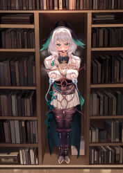 1girl absurdres alternate_costume arknights arms_behind_back bdsm belt black_boots blush bondage book bookshelf boots bound bound_arms bound_legs breast_milk breasts brown_pantyhose commentary_request corset drooling full_body green_eyes head_wings highres ho&#039;olheyak_(arknights) jacket kaer_sasi_dianxia knee_boots lactation large_breasts long_hair looking_at_viewer miniskirt nipples pantyhose pleated_skirt restrained saliva sex_toy short_hair skirt solo standing stationary_restraints steaming_body suction_cups tearing_up tears torn_clothes torn_jacket v-shaped_eyebrows vibrator vibrator_under_clothes white_hair white_jacket white_skirt wings