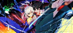 1boy 1girl asymmetrical_hair battle black_hair blue_kimono breasts cleavage dual_wielding earrings fate/grand_order fate_(series) grin highres holding holding_sword holding_weapon japanese_clothes jewelry katana kimono leaf_earrings miyamoto_iori_(fate) miyamoto_musashi_(fate) pirohi_(pirohi214) smile sword topknot watermark weapon white_hair