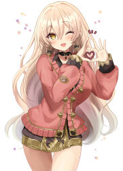 1girl ;d black_shirt blush breasts brown_hair cardigan collarbone collared_shirt commentary_request cowboy_shot earrings fang hair_between_eyes heart heart_hands highres jewelry long_hair long_sleeves looking_at_viewer medium_breasts motoi_ayumu nijisanji notice_lines nui_sociere_(10th_costume) one_eye_closed open_mouth pink_cardigan puffy_long_sleeves puffy_sleeves shirt simple_background sleeves_past_wrists smile solo star_(symbol) thigh_strap very_long_hair virtual_youtuber white_background yellow_eyes