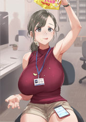 1girl :q armpits bag_of_chips bare_shoulders beige_shorts breasts cellphone chair chips_(food) commentary_request computer_keyboard cowboy_shot crumbs desk eating folder food food_on_face grey_eyes hair_ornament hairclip highres huge_breasts id_card indoors lanyard large_breasts licking_lips long_hair looking_up low-tied_long_hair low_ponytail matching_hair/eyes mature_female mhk_(mechamania) monitor office office_chair office_lady original parted_bangs phone plant ponytail potato_chips red_shirt shirt short_shorts shorts silver_hair sitting smartphone snack swivel_chair thighs tongue tongue_out turtleneck watch