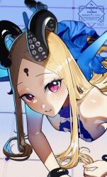 1girl abigail_williams_(fate) abigail_williams_(fgo_fes._2025)_(fate) bare_shoulders blonde_hair blue_dress blush bow bracelet breasts dress fate/grand_order fate_(series) forehead highres jewelry kabosoi_mangaka keyhole long_hair looking_at_viewer lying on_stomach parted_bangs parted_lips purple_eyes small_breasts solo tentacles