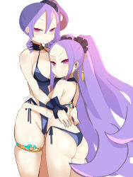 2girls ass back bare_shoulders black_one-piece_swimsuit black_scrunchie breasts cleavage dual_persona earrings fate/grand_order fate_(series) forehead hair_between_eyes hair_ornament hair_scrunchie highleg highleg_one-piece_swimsuit highres jewelry large_breasts long_hair looking_at_viewer looking_back multiple_girls one-piece_swimsuit parted_bangs purple_eyes purple_hair scrunchie side_ponytail sidelocks small_breasts swimsuit thighlet thighs twintails user_fkzw8222 very_long_hair wrist_scrunchie wu_zetian_(fate) wu_zetian_(swimsuit_caster)_(fate) wu_zetian_(swimsuit_caster)_(first_ascension)_(fate)