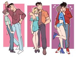 2boys against_wall aqua_dress ass black_hairband blonde_hair brown_shoes bulge closed_eyes commentary crossdressing crossdressing_(mtf) denim denim_shorts dress embarrassed english_commentary grabbing_another&#039;s_chin hairband hand_in_another&#039;s_clothes hand_on_another&#039;s_chin hand_on_own_hip heart high_heels jacket kiss micro_shorts multiple_boys not_enough_milk one_leg_raised orange_jacket original pectoral_grab penis_grab progression round_eyewear scared shoes shorts simple_background standing tongue tongue_out white_shoes