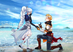 1boy 1girl absurdres armor beach belt black_gloves blonde_hair blue_eyes blue_sky boots box braid braided_ponytail breastplate cloud commentary commission couple covering_own_mouth day earrings english_commentary full_body gauntlets gloves gold_trim hetero high_braided_ponytail high_side_ponytail highres holding holding_box holding_hands jaune_arc jewelry long_hair looking_at_another marriage_proposal miku_(mikururun) on_one_knee outdoors pants pouch ring ring_box rwby skirt sky spiked_hair very_long_hair water wedding_ring weiss_schnee white_belt white_hair white_skirt
