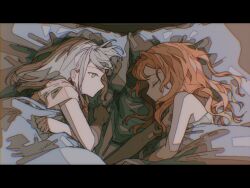 Rule 34 | 2girls, bare arms, chromatic aberration, closed eyes, commentary request, grey eyes, grey hair, grey shirt, grey tank top, highres, letterboxed, ligne claire, long hair, lying, multiple girls, no mouth, on side, orange hair, pillow, profile, reverse:1999, shirt, short sleeves, sleeping, sonetto (reverse:1999), tank top, under covers, vertin (reverse:1999), yuri, zhizhizi