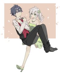 1boy 1girl black_hair carrying double-parted_bangs dress eiyuu_densetsu fie_claussell flower formal_clothes george_man green_eyes hair_between_eyes hair_flower hair_ornament high_heels highres multicolored_hair parted_bangs ponytail princess_carry purple_eyes rean_schwarzer sen_no_kiseki sen_no_kiseki_(series) sen_no_kiseki_iv short_hair simple_background suit two-tone_hair vest waistcoat white_hair