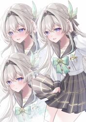 Rule 34 | 1girl, :t, @ @, absurdres, blush, bow, breasts, closed mouth, collarbone, firefly (honkai: star rail), firefly (spring missive) (honkai: star rail), green bow, grey hair, grey skirt, hair between eyes, hair ornament, highres, honkai: star rail, honkai (series), long hair, long sleeves, looking at viewer, medium breasts, official alternate costume, open mouth, pink eyes, plaid bow, plaid clothes, plaid skirt, pout, rinna (xxrinna), school uniform, serafuku, shirt, simple background, skirt, smile, thighhighs, white background, white shirt, white thighhighs