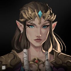 1girl armor blue_eyes brown_hair gold_tiara highres jewelry lips neon_(neonzitos) nintendo pointy_ears portrait princess_zelda shoulder_armor the_legend_of_zelda the_legend_of_zelda:_twilight_princess upper_body