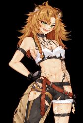 1girl abs arm_belt asymmetrical_clothes belt black_background black_collar black_gloves black_pants blonde_hair braid breasts brown_belt chromashift claw_scar collar commentary commission english_commentary fangs fingerless_gloves fishnet_sleeves fishnets gloves green_eyes hand_on_own_hip highres hyena_ears hyena_girl hyena_tail jewelry long_hair looking_at_viewer ma_draws medium_breasts messy_hair midriff navel necklace open_mouth pants scar scar_on_leg scar_on_stomach second-party_source simple_background single_braid single_pantsleg single_sleeve solo standing tank_top thigh_belt thigh_strap toned toned_female torn_clothes torn_pants torn_tank_top virtual_youtuber white_tank_top yena_youngblood