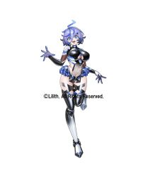 1girl artist_request breasts character_request cleavage_cutout clothing_cutout copyright_name curvy full_body grabbing_own_breast highres impossible_clothes jumping large_breasts lilith-soft long_hair looking_at_viewer medium_hair multicolored_hair open_mouth revealing_clothes shiny_clothes shiny_skin taimanin_(series) taimanin_rpgx two-tone_hair white_background wide_hips