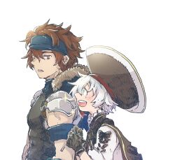 2boys :d another_eden armband armor benedict_(another_eden) black_bow black_cape black_gloves black_hat black_shirt blue_armband blue_headband blush bow brown_eyes brown_hair cape clenched_hands commentary_request covered_abs covered_pectorals cross-laced_clothes cross-laced_sleeves from_side fur-trimmed_hood fur_trim gloves green_eyes hair_between_eyes hands_up hat hatching_(texture) headband hood hood_down linear_hatching long_sleeves looking_at_another looking_to_the_side lower_teeth_only male_focus michibata_65 multiple_boys open_mouth pauldrons pectorals philo_(another_eden) profile raised_eyebrows shirt short_hair shoulder_armor sidelocks sideways_glance simple_background skin_tight sleeveless sleeveless_shirt smile sparkle sparkling_aura talking teeth toned toned_male upper_body upper_teeth_only white_background white_hair white_shirt