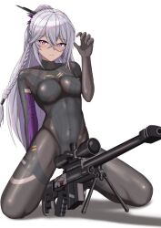 1girl absurdres anti-materiel_rifle black_bodysuit blush bodysuit bolt_action breasts closed_mouth commentary_request covered_navel dark-skinned_female dark_skin feet_out_of_frame girls&#039;_frontline girls&#039;_frontline_2:_exilium grey_hair gun hair_between_eyes hand_up highres long_hair looking_at_viewer medium_breasts midori_mushi nemesis_(girls&#039;_frontline_2) ponytail purple_eyes rifle scope shadow sidelocks sig_san_511 simple_background sniper_rifle solo weapon white_background
