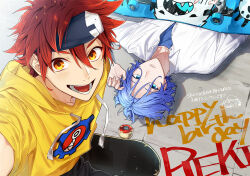 Rule 34 | 2boys, blue eyes, blue hair, hagiwara daisuke, hair between eyes, happy birthday, hasegawa langa, headband, holding, holding skateboard, hood, hoodie, kyan reki, long sleeves, looking at viewer, male focus, multiple boys, official art, on ground, open mouth, pants, red hair, shirt, short hair, sk8 the infinity, skateboard, skateboarding, smile, upper body