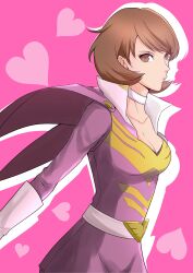 1girl absurdres belt bodysuit breasts brown_eyes brown_hair cape choker cleavage closed_mouth collarbone daisysan drop_shadow flipped_hair gloves heart heart_background highres lips long_sleeves looking_at_viewer medium_breasts official_alternate_costume persona persona_3 persona_4:_the_ultimate_in_mayonaka_arena persona_4:_the_ultimax_ultra_suplex_hold pink_background pink_bodysuit pink_cape pink_lips pink_skirt popped_collar short_hair skirt solo takeba_yukari tokusatsu upper_body white_choker white_gloves