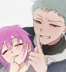 alien_stage black_shirt child closed_eyes commentary finger_in_own_mouth green_eyes hashtag-only_commentary highres naa_kamui pink_hair shirt short_hair sleeping smile till_(alien_stage) very_short_hair white_background