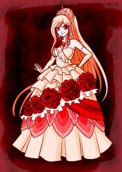 1girl artist_name bare_shoulders blonde_hair breasts closed_mouth commentary danganronpa_(series) danganronpa_3_(anime) dark_persona dress dress_flower earrings elbow_gloves english_commentary eyelashes flower full_body glint gloves jewelry long_hair necklace official_alternate_costume official_alternate_eye_color outline ponytail queen red_eyes red_flower red_outline robictheescapist smile solo sonia_nevermind spoilers third-party_source tiara white_dress white_gloves