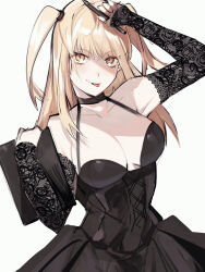 1girl amane_misa black_dress blonde_hair breasts cleavage collarbone commentary death_note detached_sleeves dress highres lace-trimmed_sleeves lace_trim long_hair looking_at_viewer mayana_(bbpp) simple_background sleeves_past_wrists solo tongue tongue_out white_background