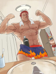 2boys abs bara bathroom beard_stubble blood boku_no_hero_academia boxer_briefs bulge cellphone commentary_request double_biceps_pose endeavor_(boku_no_hero_academia) erection erection_under_clothes facial_hair flexing haku_(pixiv_98785262) hawks_(boku_no_hero_academia) highres holding holding_phone indoors large_pectorals male_focus male_underwear multiple_boys muscular muscular_male mustache_stubble navel navel_hair nipples nosebleed pectorals phone red_hair scar scar_on_face shampoo_challenge short_hair smartphone soap_bottle stubble taking_picture toothbrush towel towel_around_neck underwear