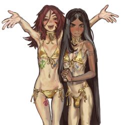 1boy 1girl black_hair breasts brown_eyes bulge cameltoe collar covered_erect_nipples emperor_of_mankind golden_week_bikini highres long_hair looking_at_viewer mossacannibalis navel open_mouth red_eyes red_hair sharp_teeth skinny small_breasts spiked_hair tattoo teeth trap very_long_hair warhammer_40k white_background