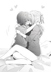 2girls bare_legs blush commentary_request couple greyscale half_updo heart highres kiss long_sleeves lwmina70119 miyagi_shiori monochrome multiple_girls on_bed pillow sendai_hazuki shirt short_hair short_sleeves shuuniichido_classmate_wo_kau_hanashi sitting sitting_on_lap sitting_on_person yuri
