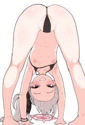 1girl absurdres all_fours ass bear_position bikini bikini_top_lift black_bikini blue_archive blush clothes_lift flat_chest from_behind full_body grey_hair grin halo highres legs long_hair looking_at_viewer mago_cats mutsuki_(blue_archive) navel nipples partially_visible_vulva purple_eyes red_halo side_ponytail simple_background smile solo swimsuit white_background