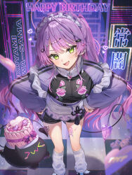 Rule 34 | 1girl, :d, absurdres, antenna hair, apron, armband, belt, bibi (tokoyami towa), black shorts, black skirt, colored inner hair, commentary request, demon girl, demon tail, floral print, frilled armband, frills, gradient hair, green eyes, hair ornament, hairclip, hands on own hips, happy birthday, highres, hololive, jacket, jersey maid, leaning forward, leg warmers, long hair, looking at viewer, maid, maid apron, multicolored hair, official alternate costume, open mouth, pink hair, pointy ears, purple belt, purple hair, purple sleeves, runlan 0329, shorts, shorts under skirt, sidelocks, skirt, smile, solo, striped clothes, striped shorts, striped skirt, striped sleeves, swept bangs, tail, tokoyami towa, tokoyami towa (jersey maid), track jacket, unconventional maid, virtual youtuber