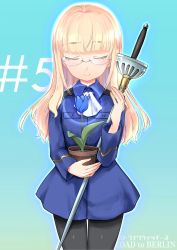 1girl absurdres aohashi_ame ascot black_pantyhose blue_flower blue_jacket blue_rose closed_mouth commentary_request copyright_name cowboy_shot facing_viewer flower flower_pot glasses highres holding holding_flower_pot holding_pot holding_sword holding_weapon jacket long_hair long_sleeves no_pants pantyhose perrine_h._clostermann plant pot rapier rimless_eyewear rose smile solo standing strike_witches sword text_background weapon world_witches_series