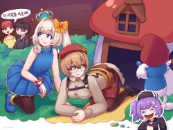 2025 2boys 2girls 2others all_fours artist_name azzypics black_shoes blue_eyes blue_shoes clio_aite crawling glasses grass highres house indie_virtual_youtuber japanese_text kneeling looking_bac marimari_(vtuber) multiple_boys multiple_girls multiple_others no_arms pants papa_smurf shoes sidetail speech_bubble the_smurfs thought_bubble white_background white_pants