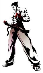Rule 34 | 1boy, abs, absurdres, fingerless gloves, frown, fujisawa tomio, gloves, heterochromia, highres, looking at viewer, male focus, martial arts belt, mishima kazuya, muscular, muscular male, non-web source, red eyes, red gloves, scar, scar on chest, scar on face, simple background, solo, spot color, studded gloves, tekken, tekken tag tournament 2, topless male, white background