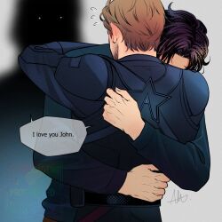 3boys animification back beard belt black_belt black_hair blonde_hair blue_bodysuit blue_shirt bodysuit closed_eyes commentary_request dual_persona english_text facial_hair fingernails flying_sweatdrops highres hug john_walker_(marvel) long_sleeves male_focus marvel marvel_cinematic_universe multiple_boys sentry_(marvel) sherlock7akane shirt short_hair signature simple_background speech_bubble standing superhero_costume thunderbolts_(movie) watermark white_background yaoi